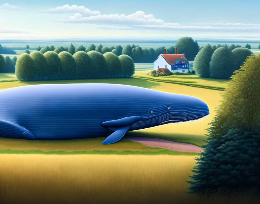 Giant blue whale in surreal countryside landscape