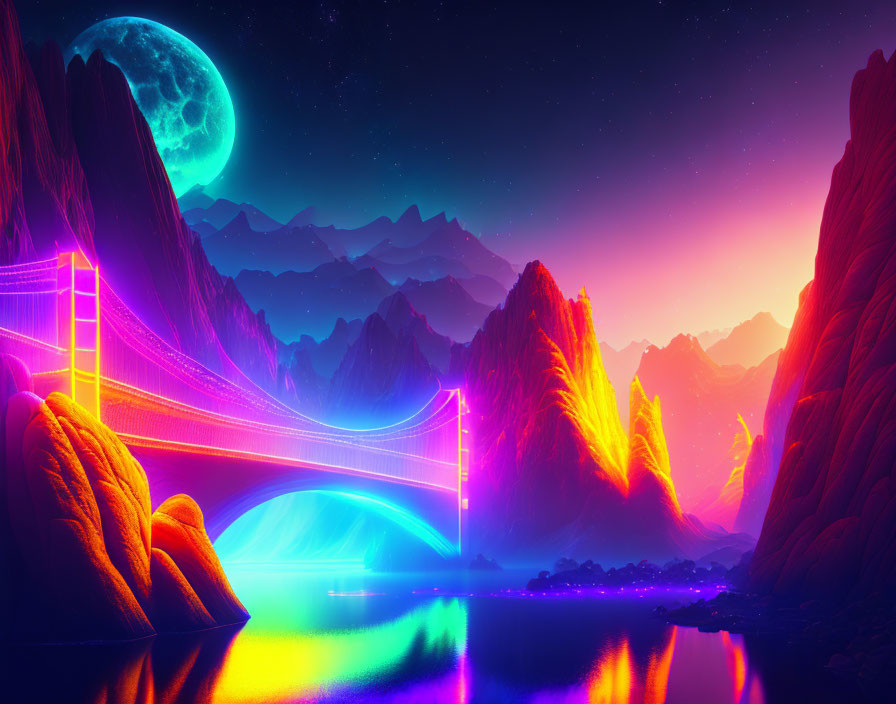 Neon-lit bridge over colorful mountains under starry sky