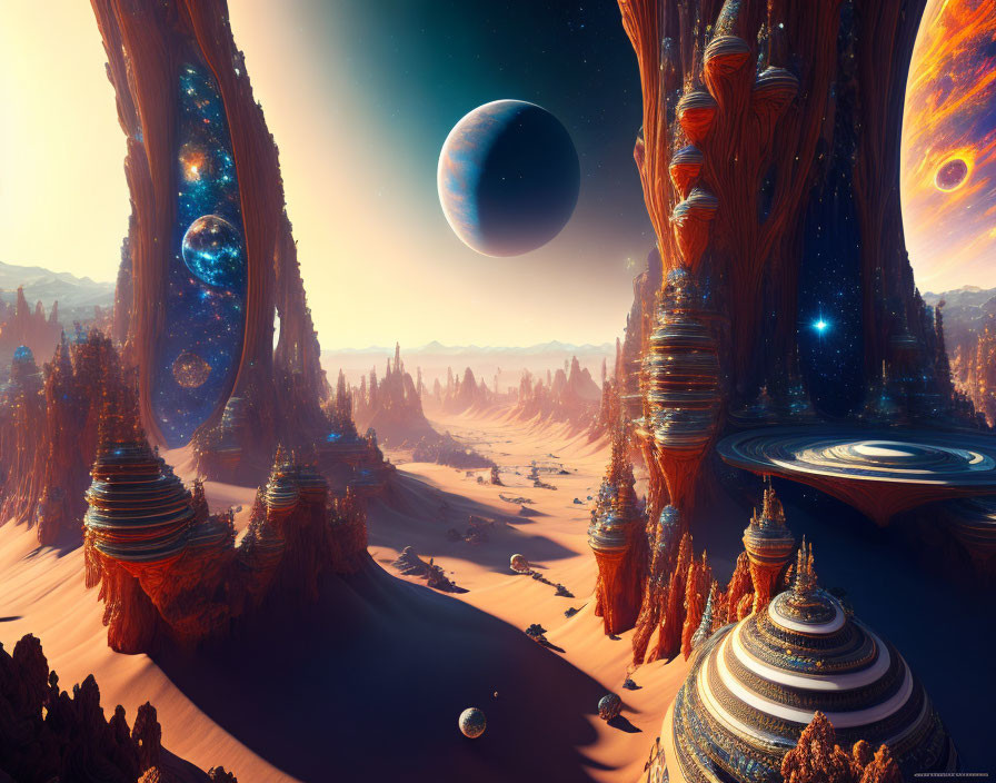 Vibrant alien landscape with towering rocks, sunset, and planets in the sky
