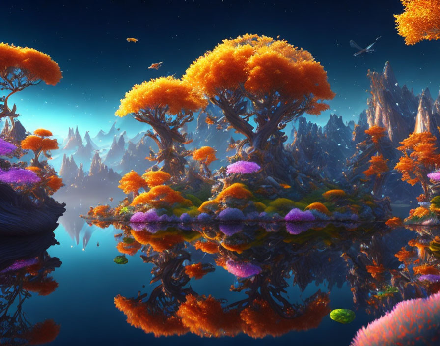 Colorful Alien Landscape with Orange and Purple Foliage and Flying Creatures