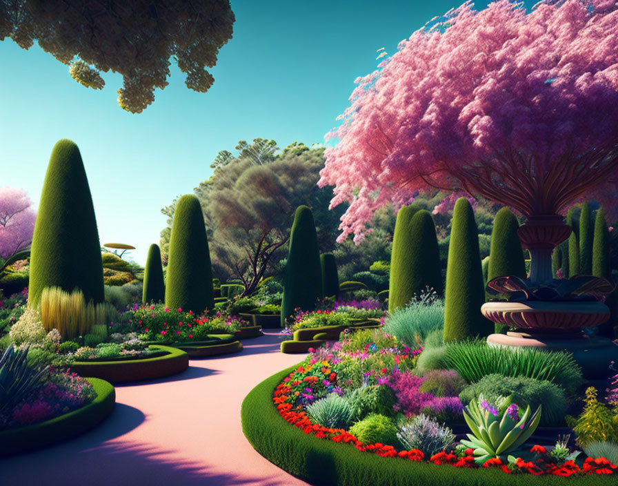 Colorful Garden with Manicured Bushes and Pink Trees
