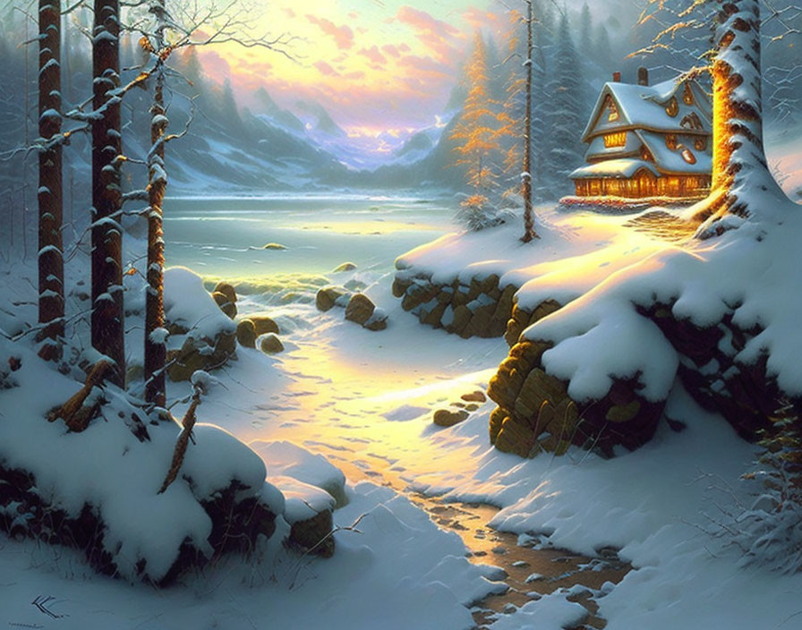 Snow-covered cabin in serene winter forest at dusk