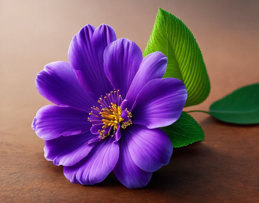 Vibrant purple flower with yellow stamens and green leaves on brown background
