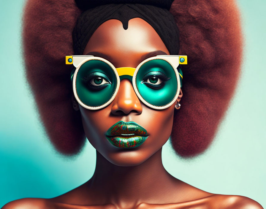 Stylized afro hair and vibrant makeup with oversized round sunglasses