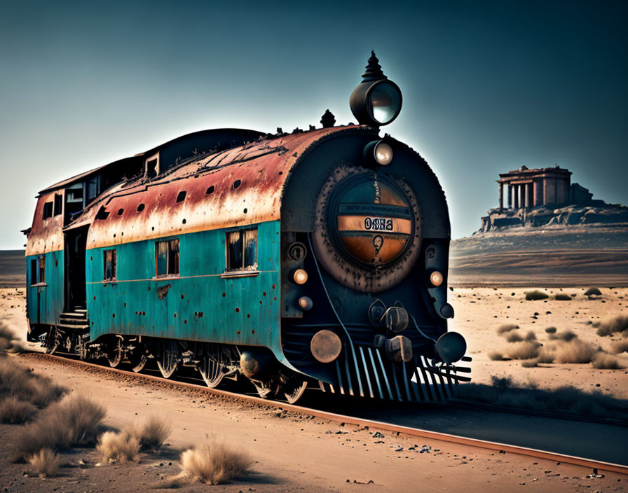 Abandoned blue train 0918 on desert tracks