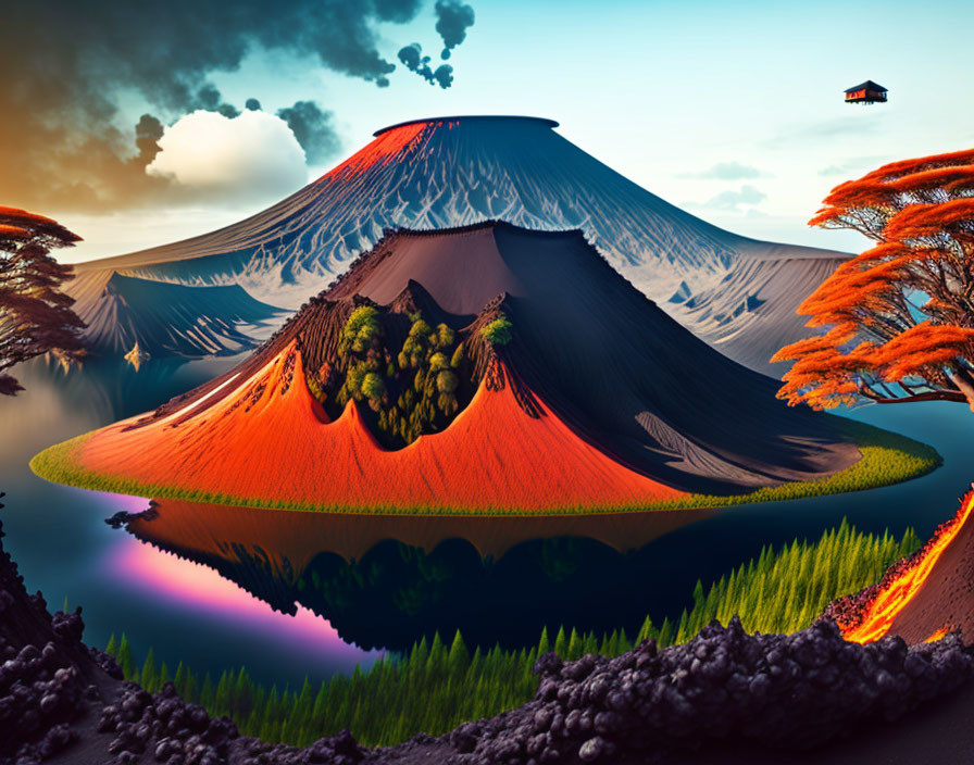 Symmetrical twin-peaked volcano in surreal digital landscape