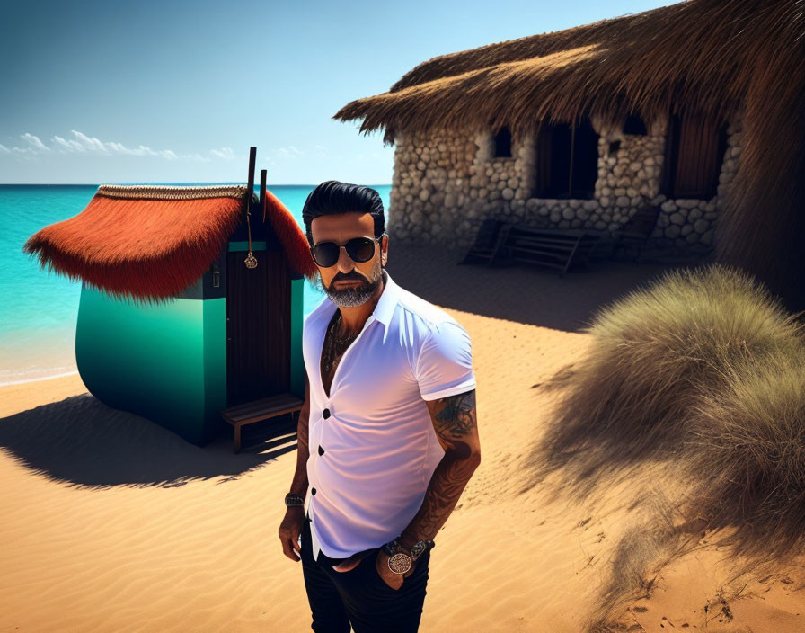 Confident man with sunglasses and tattoo on beach with straw hut and blue sea