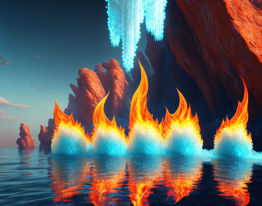 Sunset scene: Flaming eggs on water with ice stalactites, cliffs, and birds.