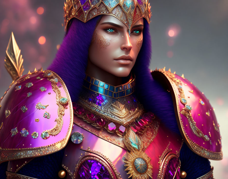 Regal Figure in Lavish Purple and Gold Armor with Blue Eyes