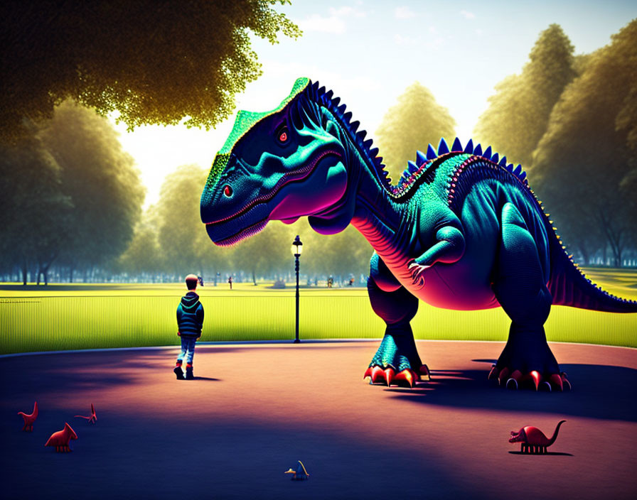 Child in striped shirt meets blue dinosaur in surreal park scene