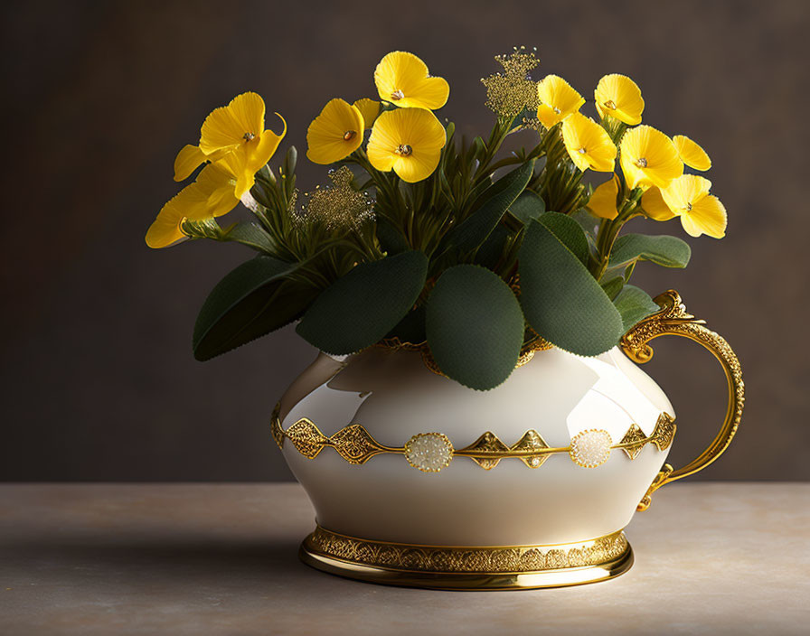 Porcelain teapot with golden accents and yellow pansies on muted background