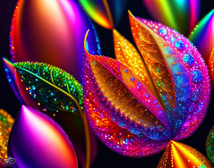 Colorful digital artwork: Multicolored leaves with intricate patterns on dark background.