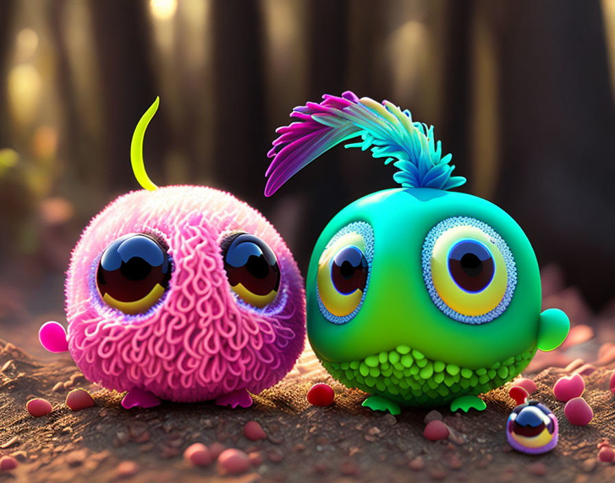 Colorful Cartoonish Creatures Interacting in Whimsical Forest