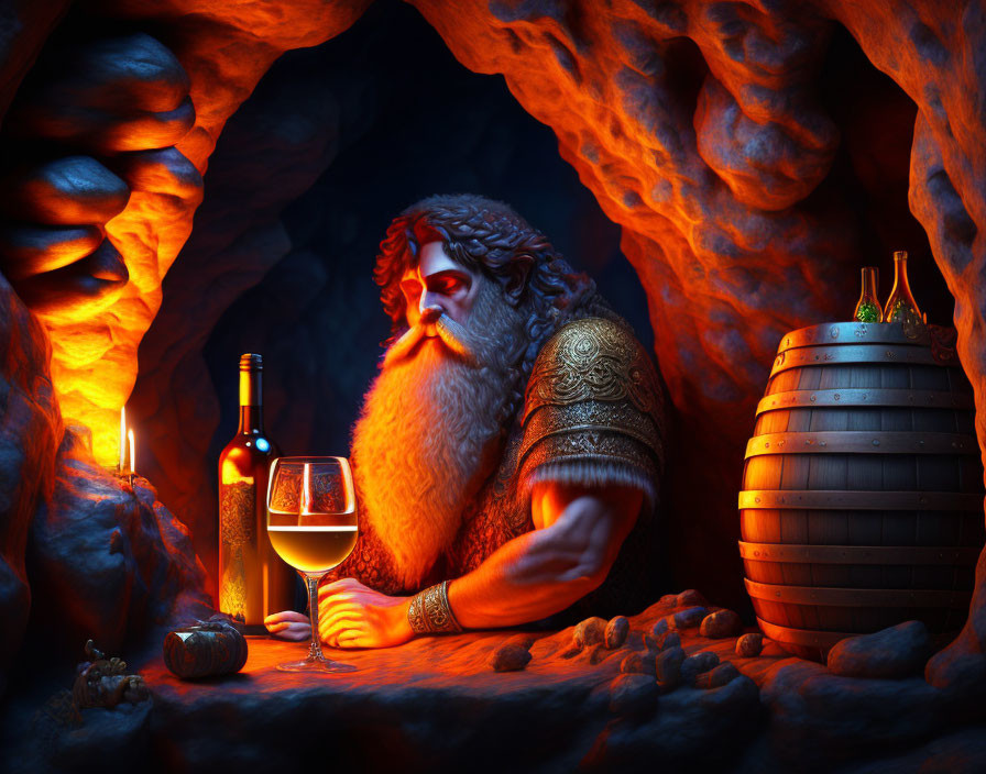 Bearded creature in candlelit cave with wine barrel exudes mystical aura