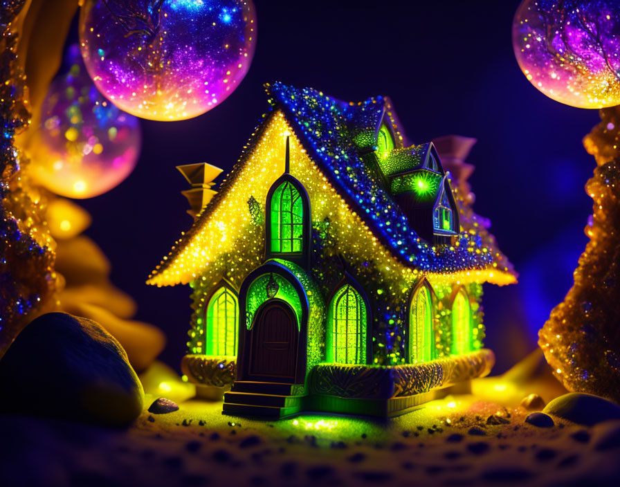 Colorful miniature house with lights, orbs, and trees on dark background