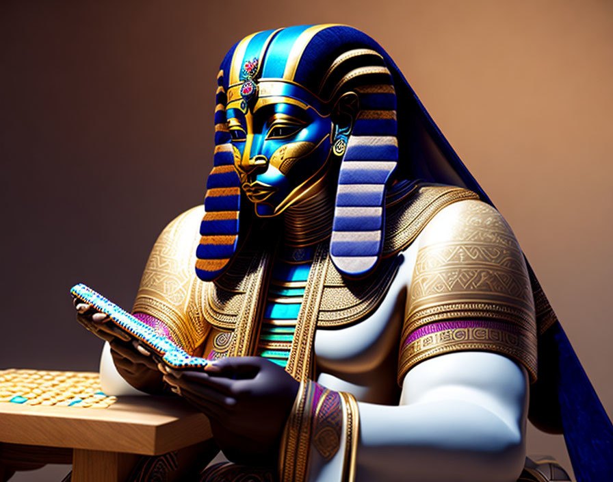 Illustration of a Pharaoh in Egyptian attire playing Senet