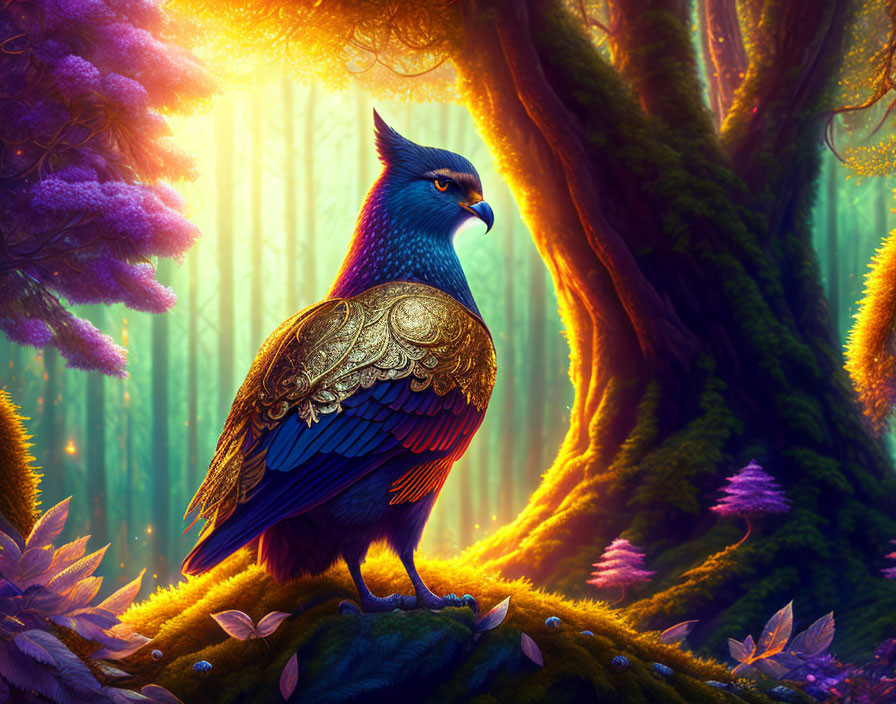 Vibrant blue eagle in enchanted forest with golden sunlight
