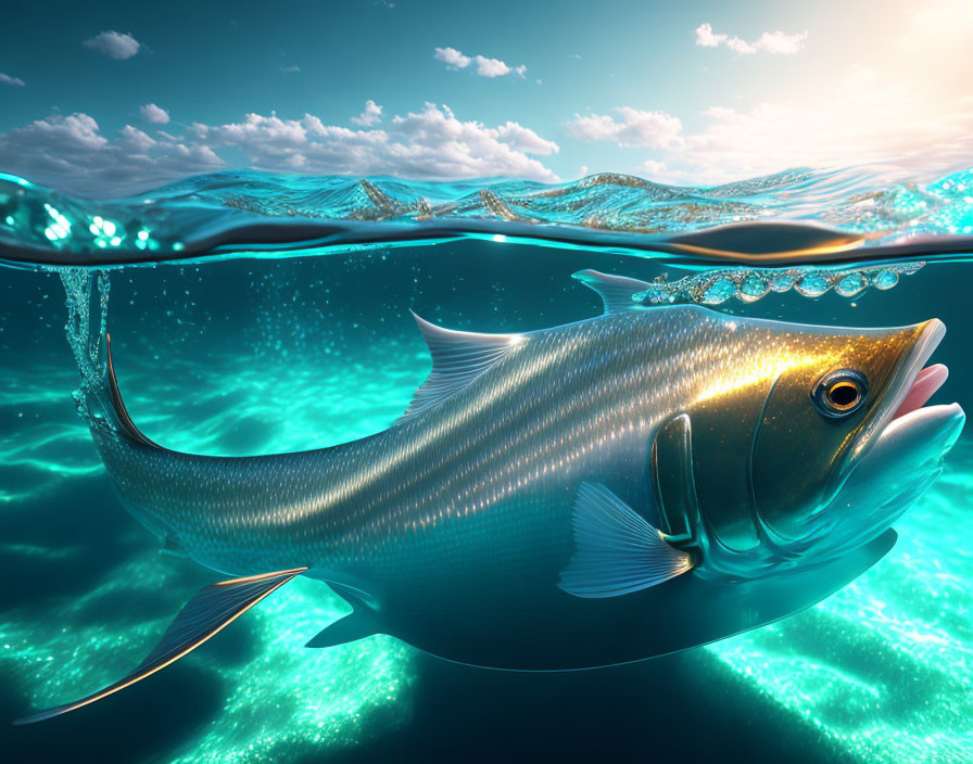 Silver fish swimming in sunlit ocean, showcasing sleek form and glistening scales.