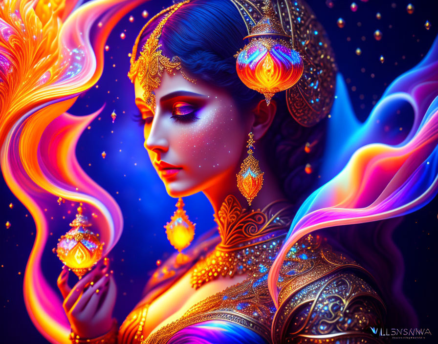 Woman in Gold Jewelry and Elaborate Headgear Holding Glowing Orb in Vibrant, Swirling
