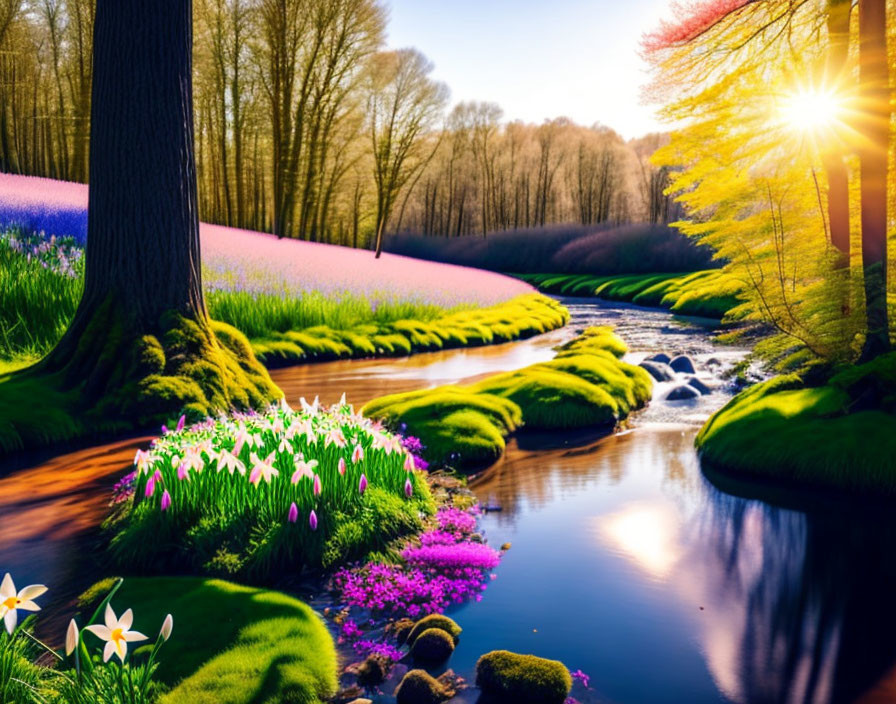 Tranquil stream, moss-covered rocks, colorful flowerbeds, sunset, forest trees