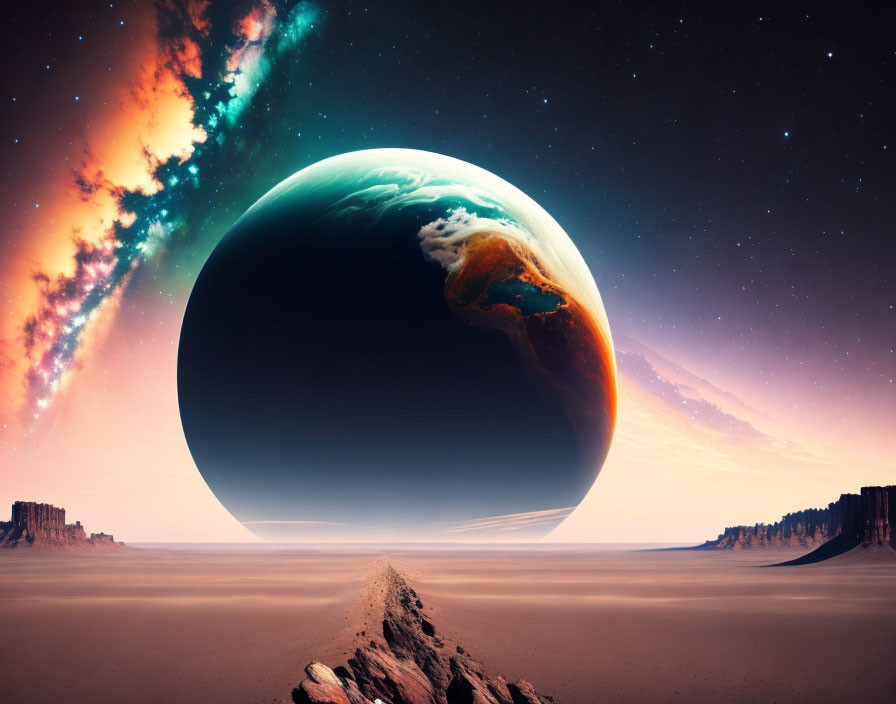 Enormous planet over barren desert in surreal sci-fi landscape