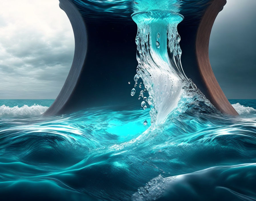 Surreal hourglass with water flowing between ocean waves