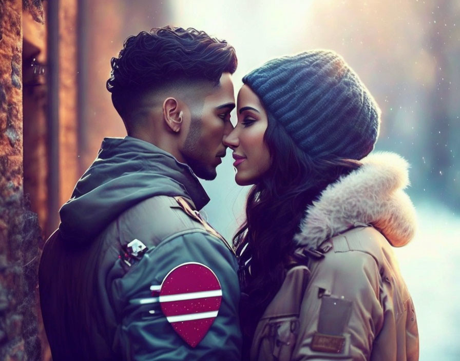 Couple in Coats and Hats Nose-to-Nose in Winter Scene