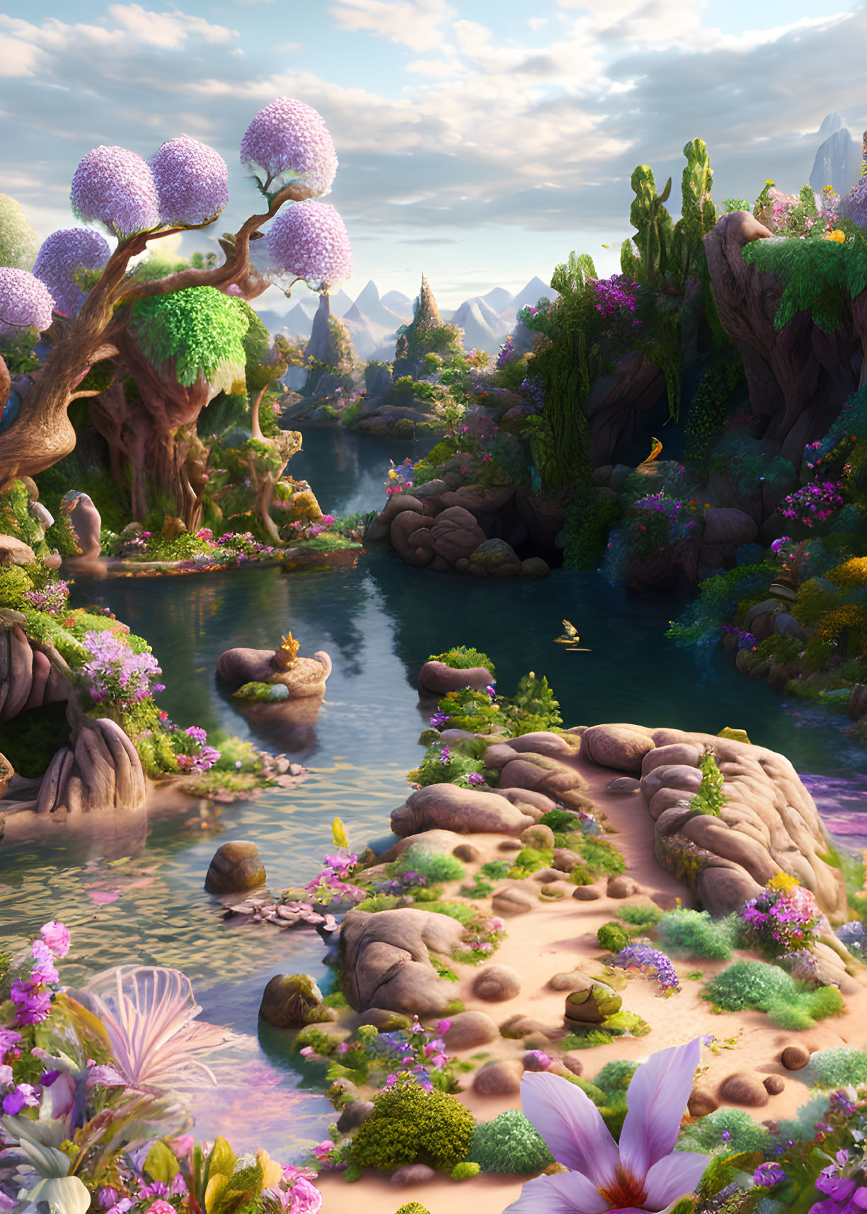 Tranquil fantasy landscape with purple trees, river, rocks, and mountains