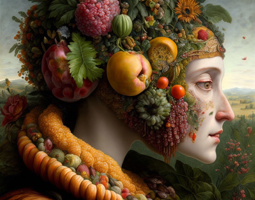 Intriguing surreal portrait with elaborate fruit, vegetable, and flower headdress