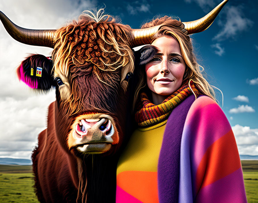 Colorfully dressed woman posing with Highland cow in grassy field under blue sky