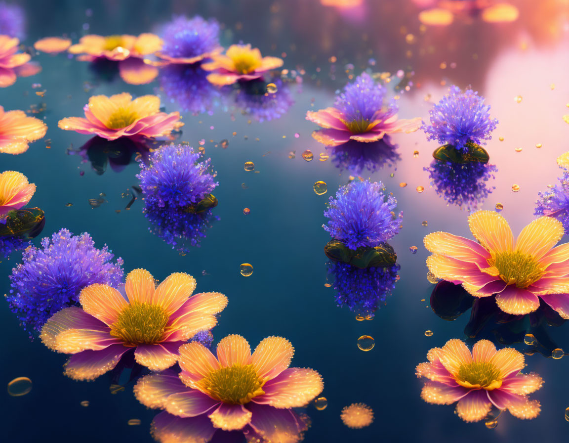 Colorful Water Lilies Floating on Blue Water Surface