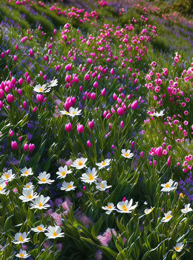 Colorful Flowerbed with Pink Tulips, Daisies, and Mixed Blooms in Lush