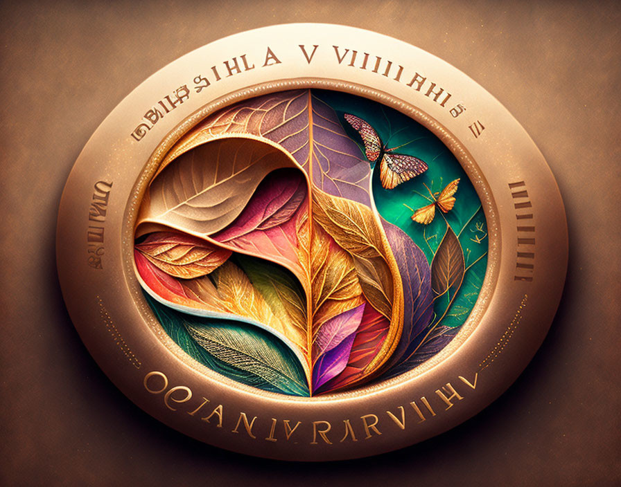 Colorful Stylized Leaves and Butterflies Relief Plate with Roman Numerals on Textured Brown Background