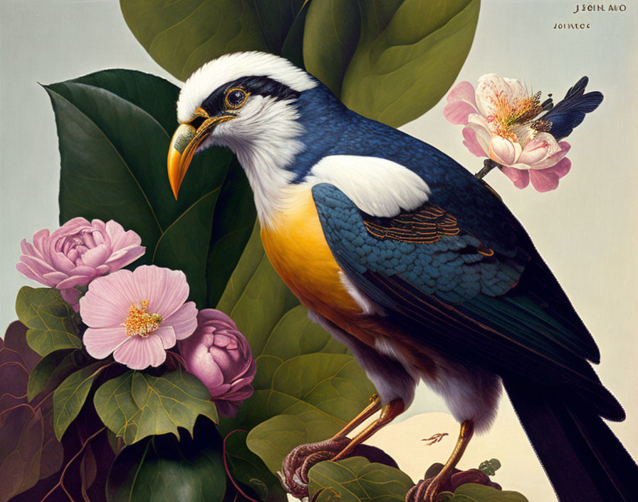 Colorful bird with yellow chest and blue wings perched among pink flowers