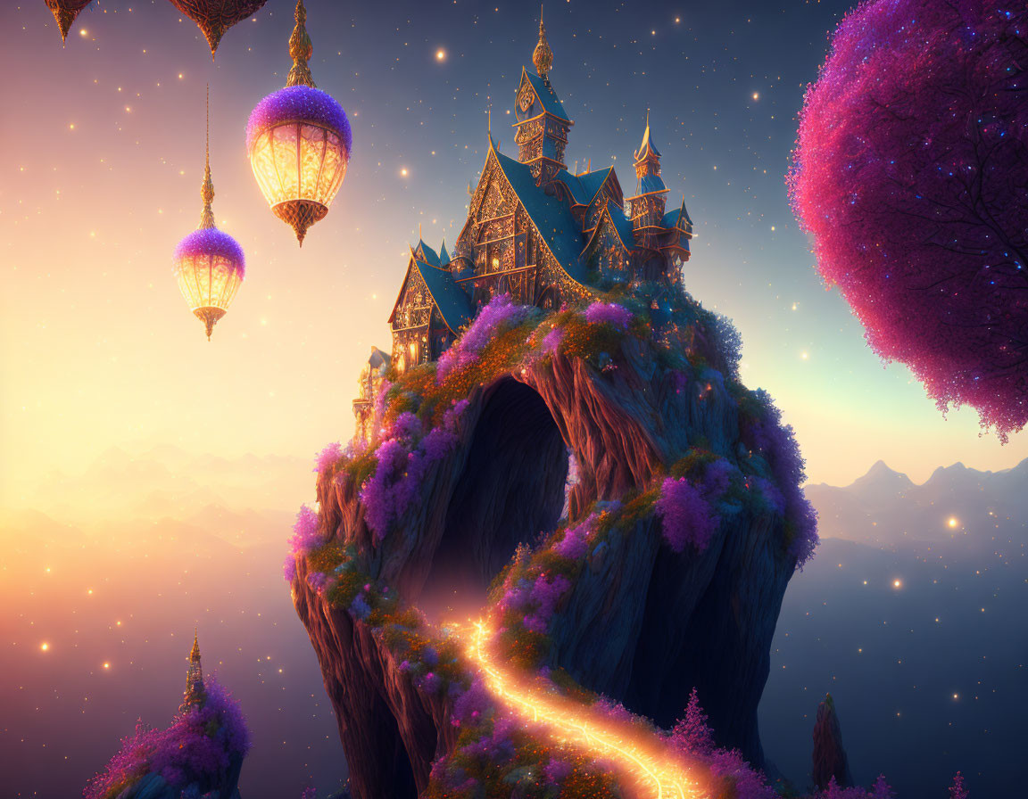 Fantastical castle on cliff with lanterns, purple trees, starry sky