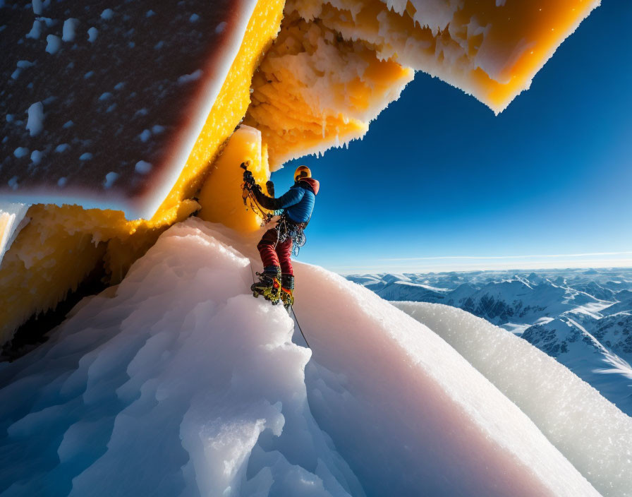 Snow-covered ridge climber against blue sky and mountains