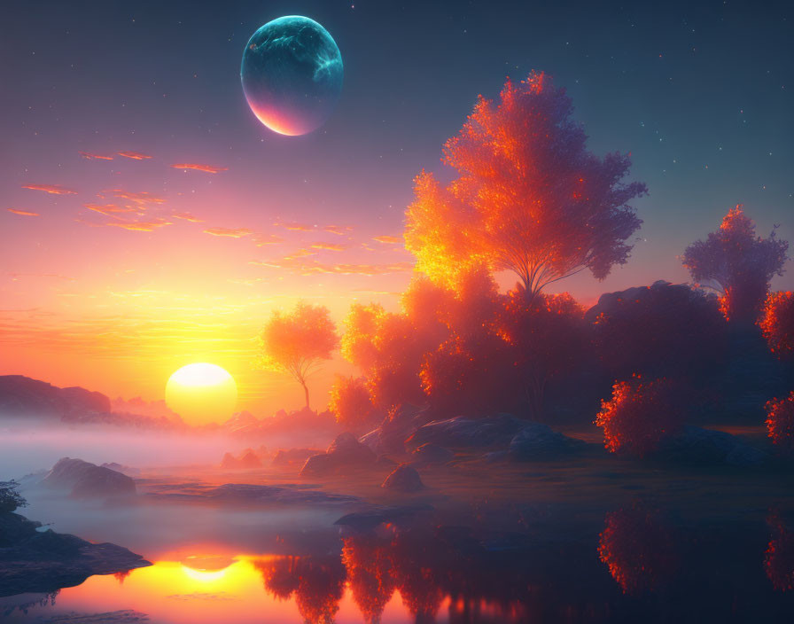 Tranquil sunrise landscape with moon, reflective water, glowing trees, and mist