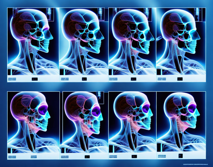 Blue-tinted x-ray images showing human skull profile angles and anatomical details