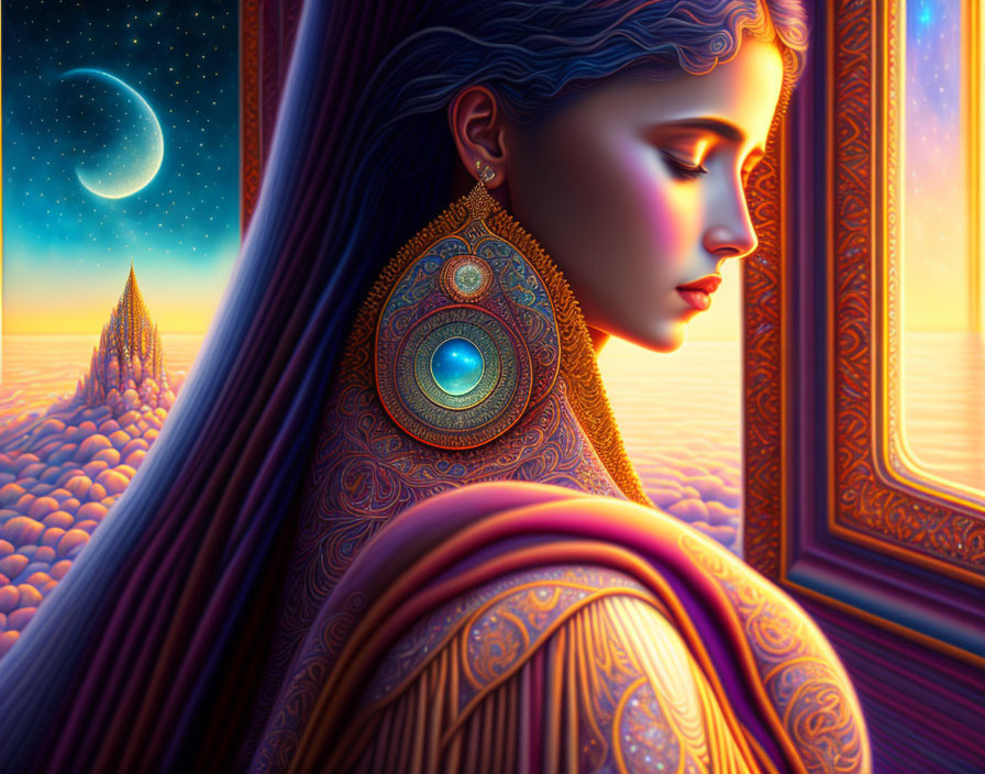 Digital art portrait of a woman with ornate jewelry in surreal landscape.