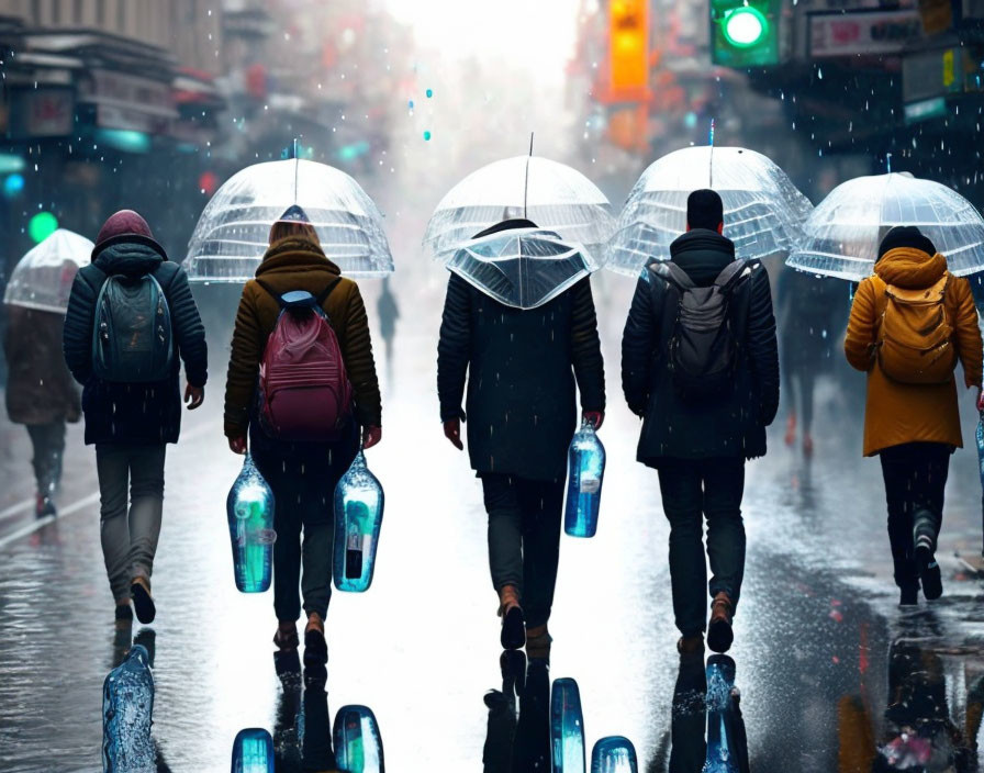 Transparent umbrellas on wet city street during rainfall with glowing traffic lights