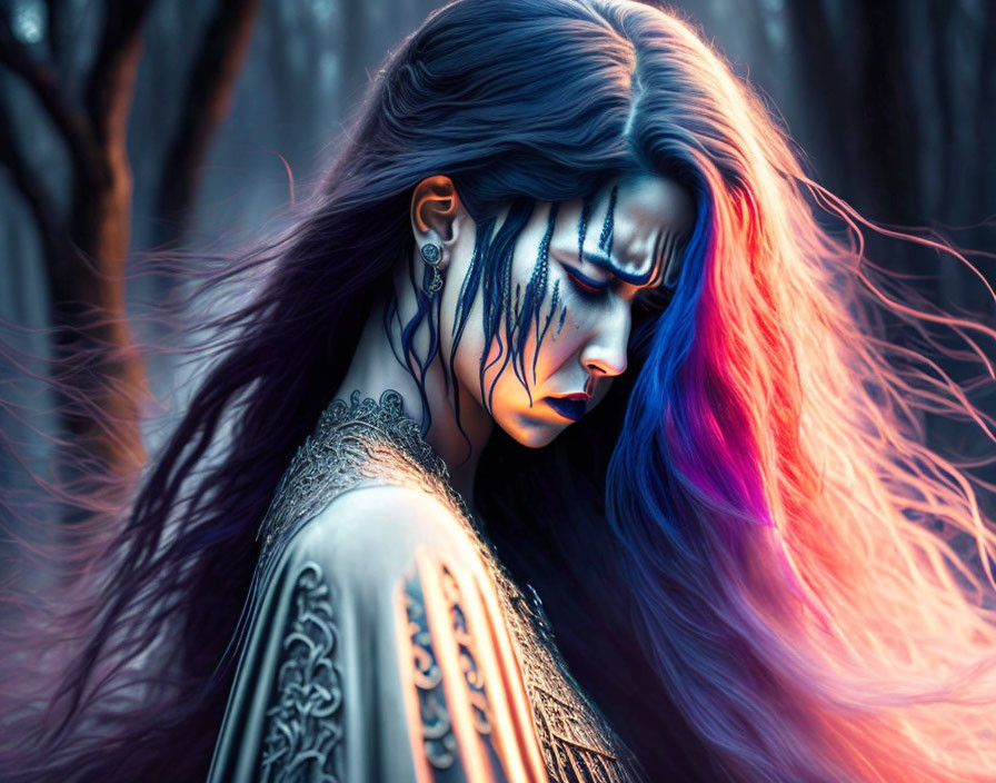 Vibrant woman with multicolored hair and body art in mystical forest