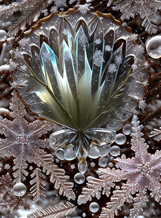 Intricate snowflake-inspired crystal structure with brown and white hues