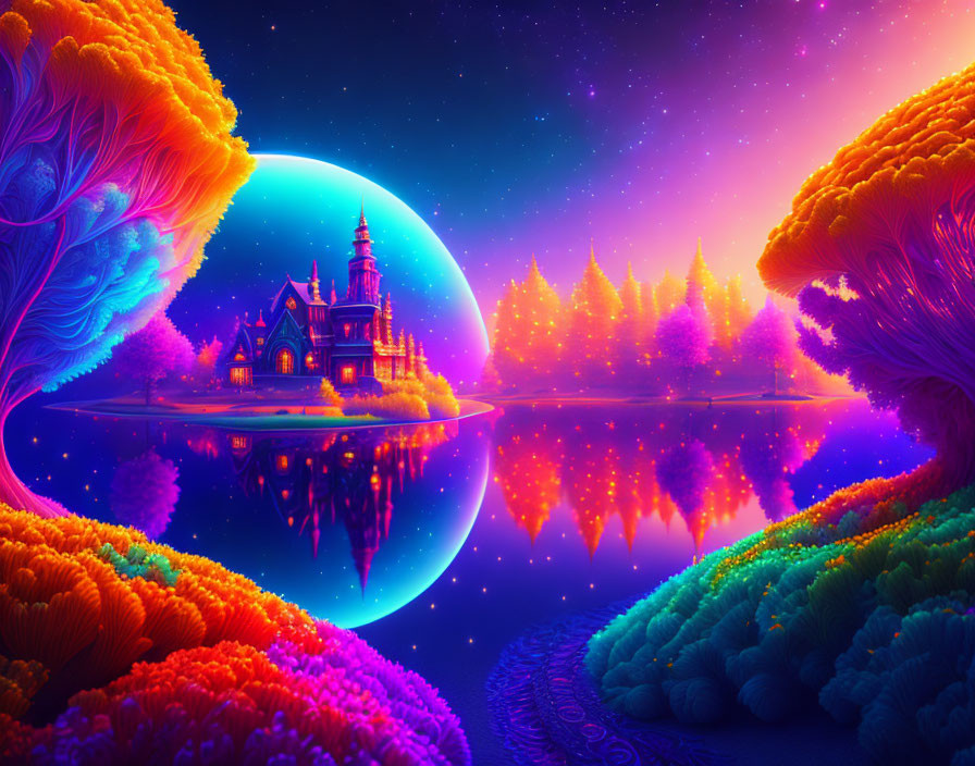 Fantasy landscape with neon lights, reflective lake, castle, moon & stars