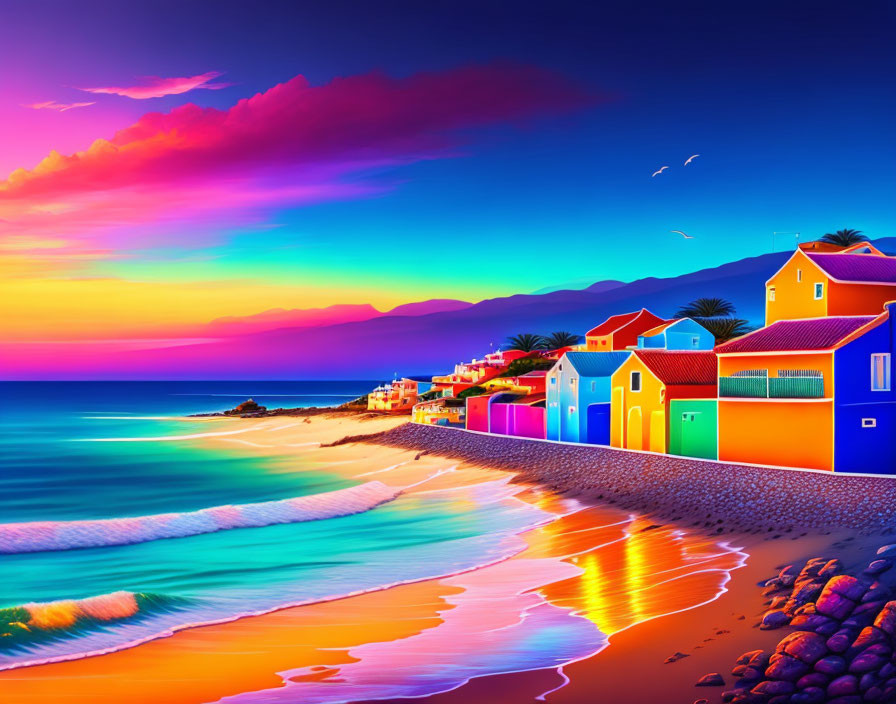 Colorful Coastal Scene with Houses, Beach, and Sunset Sky