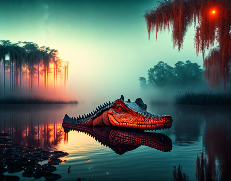 Tranquil swamp sunset scene with alligator and silhouetted trees