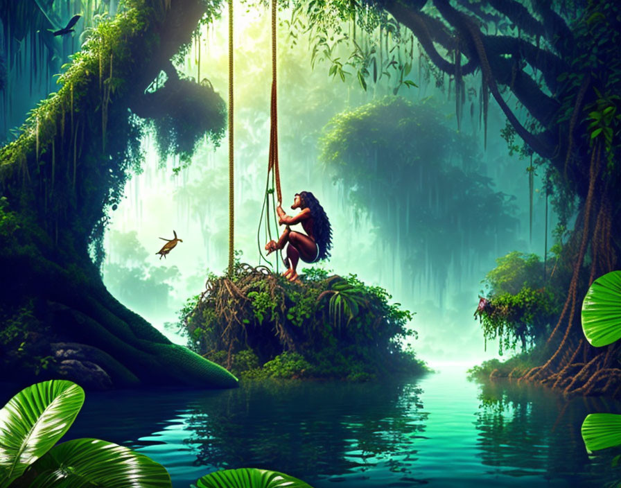 Young girl on swing in lush jungle with bird and mist