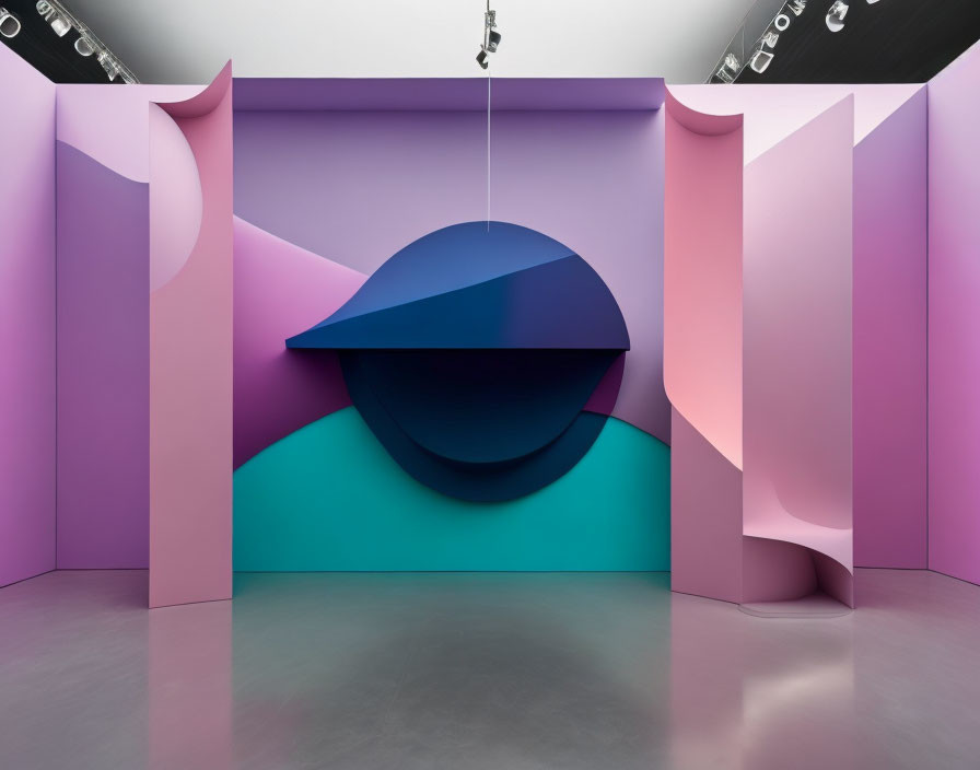 Abstract shapes in vibrant pink and purple room with blue circle.