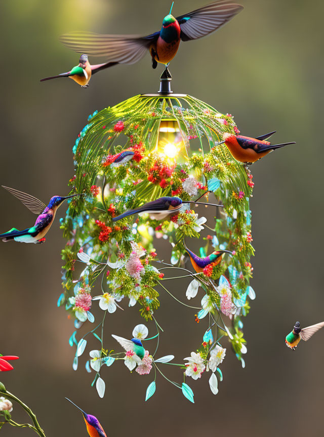 Elegant chandelier with vibrant flowers, greenery, and hummingbirds