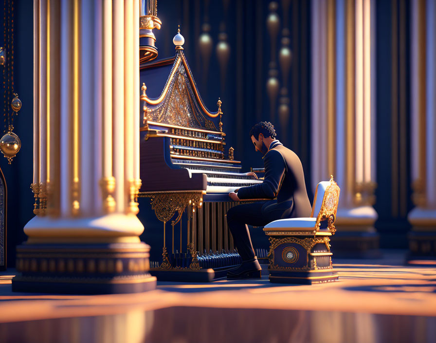 Man playing grand piano in ornate hall with tall columns and golden accents