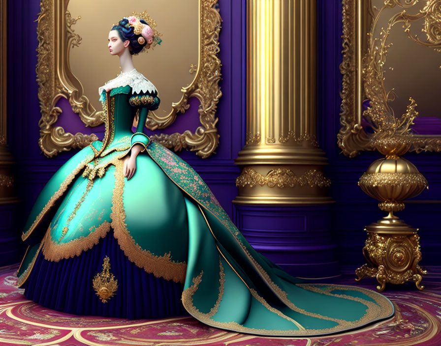 Victorian-themed animated woman in teal and gold dress in opulent room